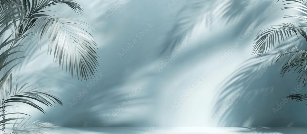 Poster 3d rendering of blurred shadows from palm leaves on a light blue wall creating a minimal abstract ba