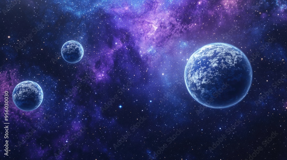 Poster stars of a planet and galaxy in a free space depicted in a 3d cartoon rendering