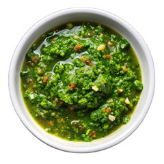 Argentinian chimichurri sauce with parsley on white bowl on transparent background