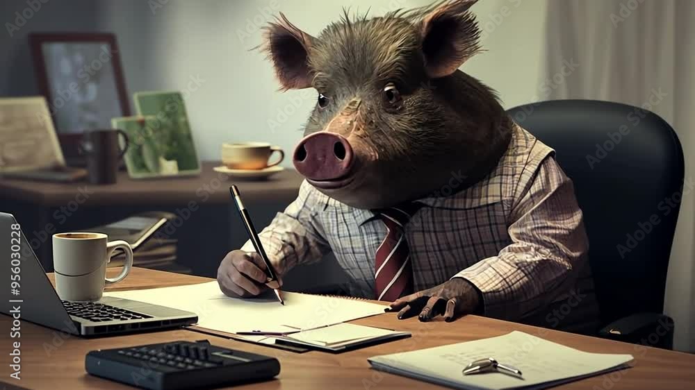 Poster clever pig in a business suit working at a desk in an office generative ai