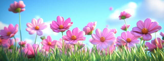 3D cartoon depiction of cosmos flowers displaying their fully bloomed buds