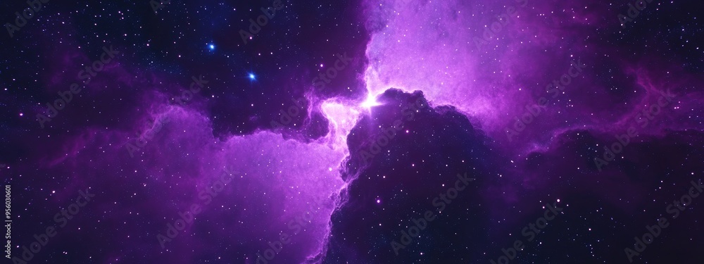 Poster space background featuring a purple nebula and stars in 3d cartoon rendering