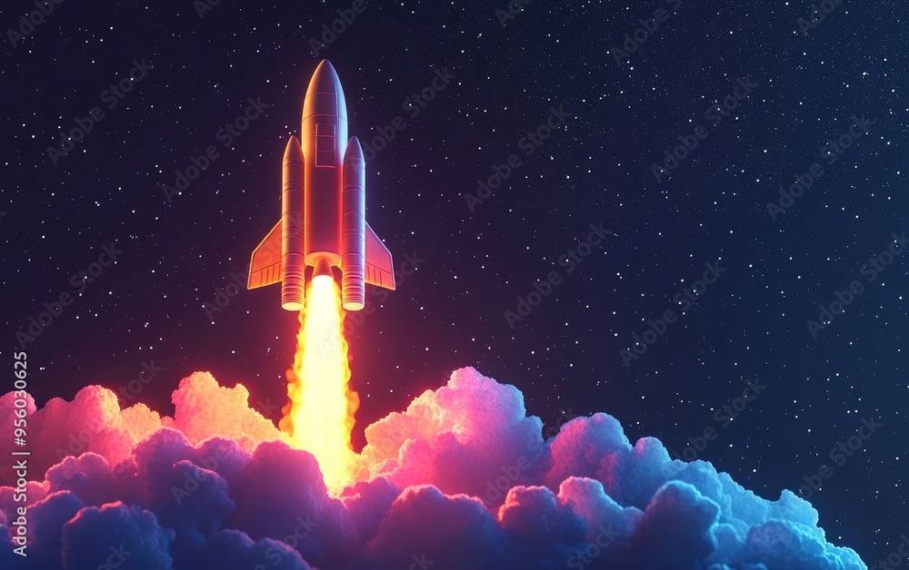 Aufkleber Rocket soaring into the starry sky in a 3D cartoon rendering Spaceship commences its mission Space shuttle launches for the mission