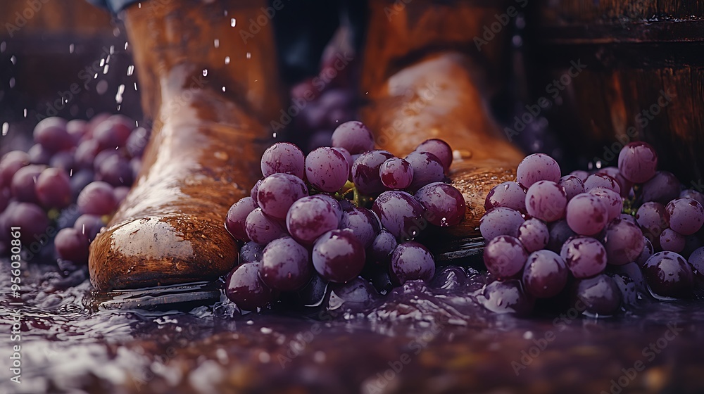 Poster A close-up shot of feet stomping on clusters of grapes in a traditional wooden vat during grape crushing, the rich, purple juice splashing around as the grapes are crushed, with warm,