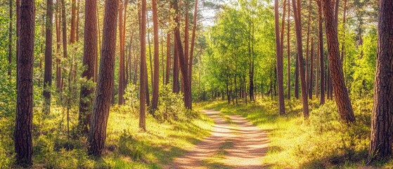 pine forest panorama in summer. Pathway in the park