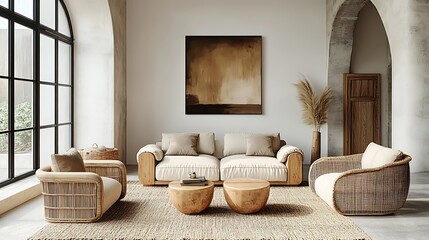 Modern Scandinavian living room, abstract wall art with minimalist geometric shapes, muted colors on white walls, light wood furniture, large windows, natural light enhancing the space,