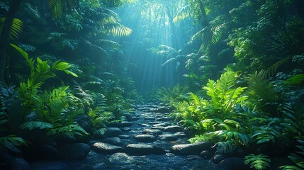 Fototapeta premium Sunbeams Illuminating a Lush, Tropical Stream