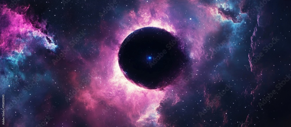 Poster Stars and material fall into a black hole in this 3D cartoon rendering An abstract space wallpaper featuring a black hole surrounded by a nebula colorful stars and cloud fields in outer space