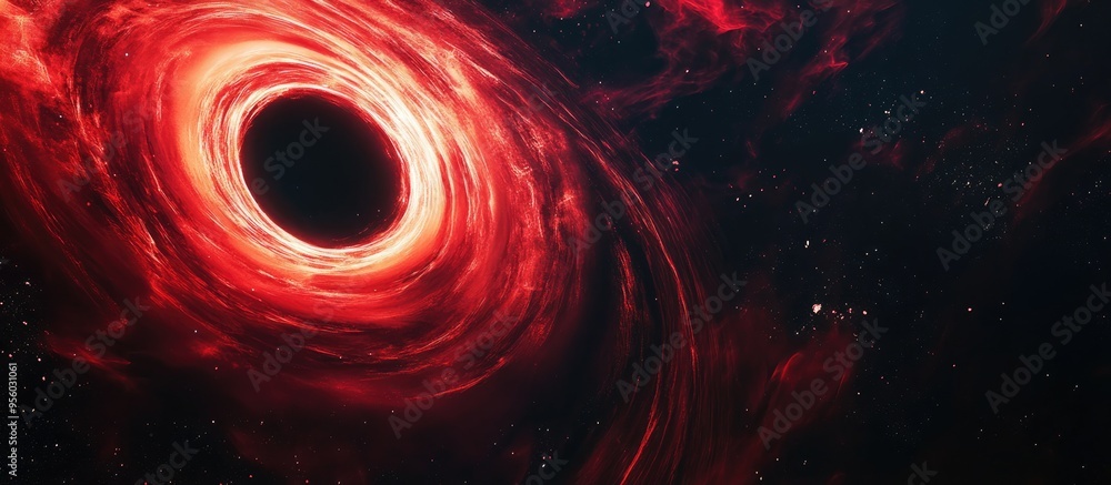Poster Black hole slowly rotating in space depicted in 3D cartoon rendering showcasing the event horizon