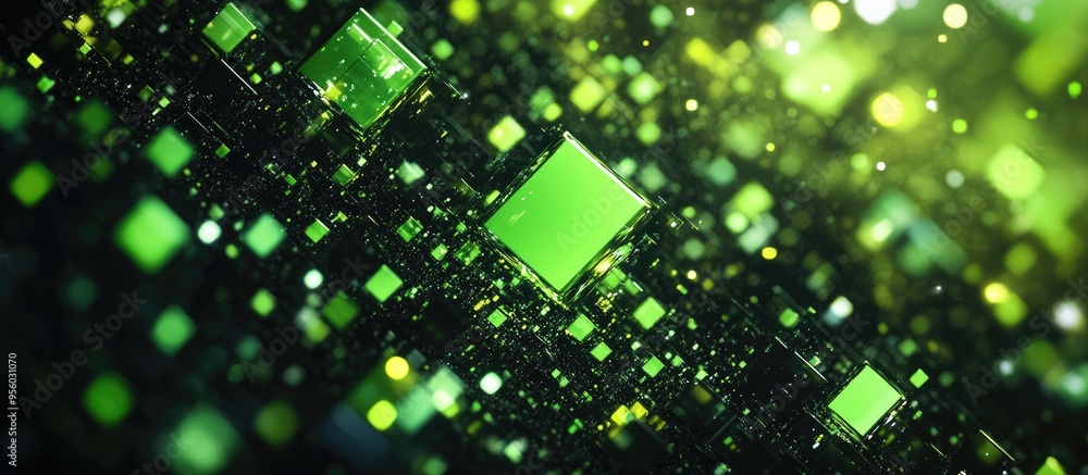 Poster Abstract green square bokeh on a black background featuring a 3D cartoon rendering Fantasy fractal texture Digital art