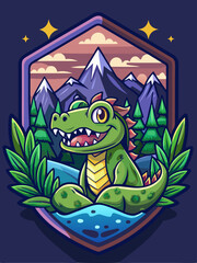 A Smiling Green Dragon in a Mountainous Landscape with Stars