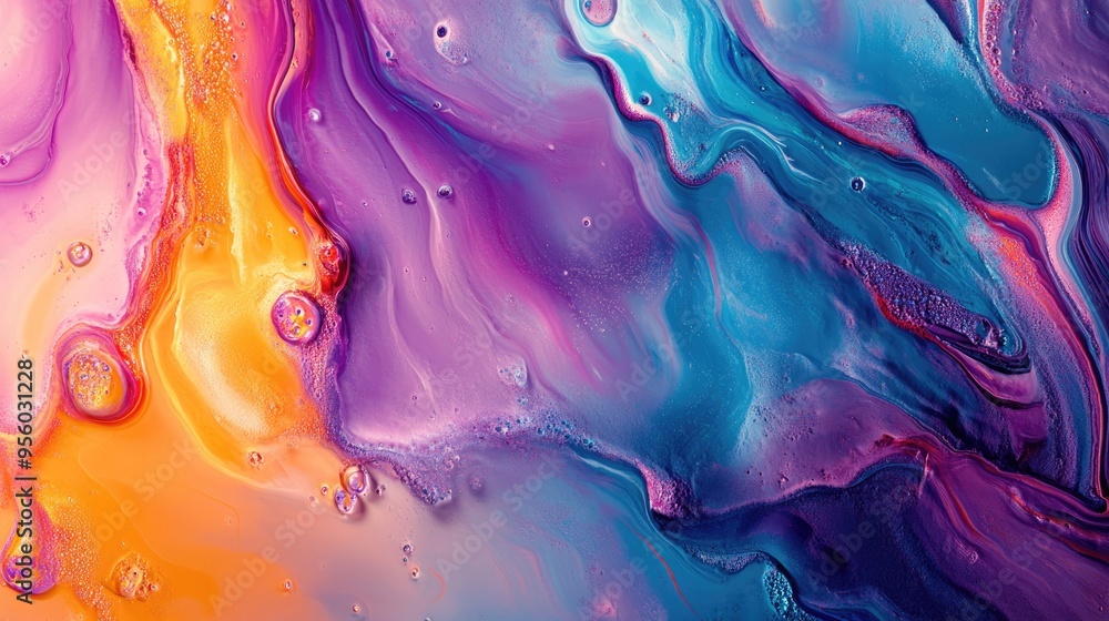 Aufkleber fluid art in a colorful abstract background with mixing paints depicted in 3d cartoon rendering mode