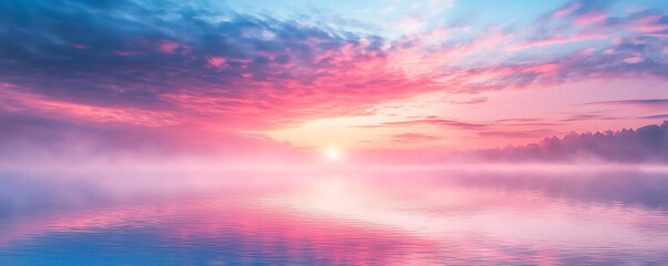 Obraz premium A breathtaking view of a misty lake bathed in the soft, warm colors of dawn. The sky is ablaze with shades of red, pink, and orange as the first light of the day reflects off the calm waters