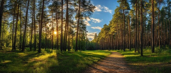 Obraz premium pine forest panorama in summer. Pathway in the park