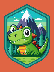 Cartoon Green Dragon with Mountain Background