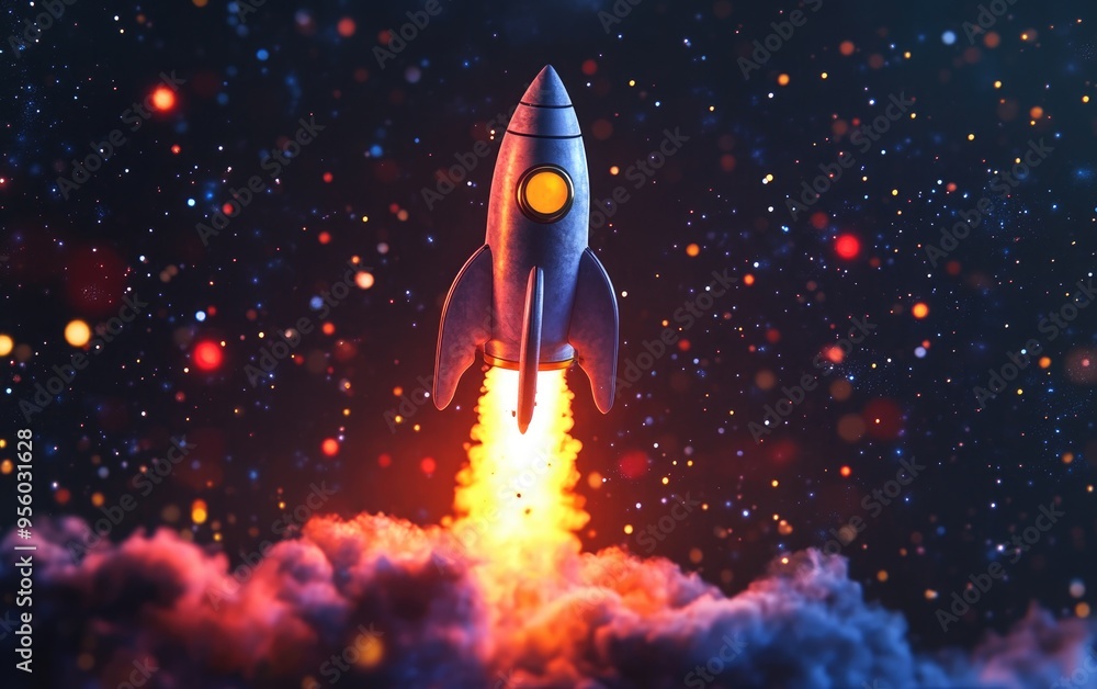 Aufkleber rocket takes off into space with a light blast in a starry sky depicted in 3d cartoon rendering spac