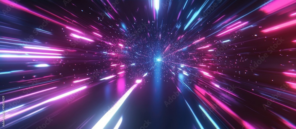 Poster abstract flight in a retro neon hyper warp space tunnel rendered in 3d cartoon style illustration