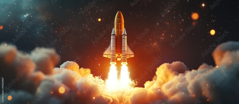 Aufkleber 3d cartoon rendering of a new spaceship shuttle successfully lifting off into the starry sky with bl