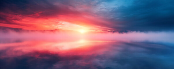 Obraz premium A breathtaking view of a misty lake bathed in the soft, warm colors of dawn. The sky is ablaze with shades of red, pink, and orange as the first light of the day reflects off the calm waters