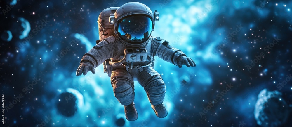 Poster high resolution deep space image featuring a 3d cartoon astronaut perfect for science fiction fantas