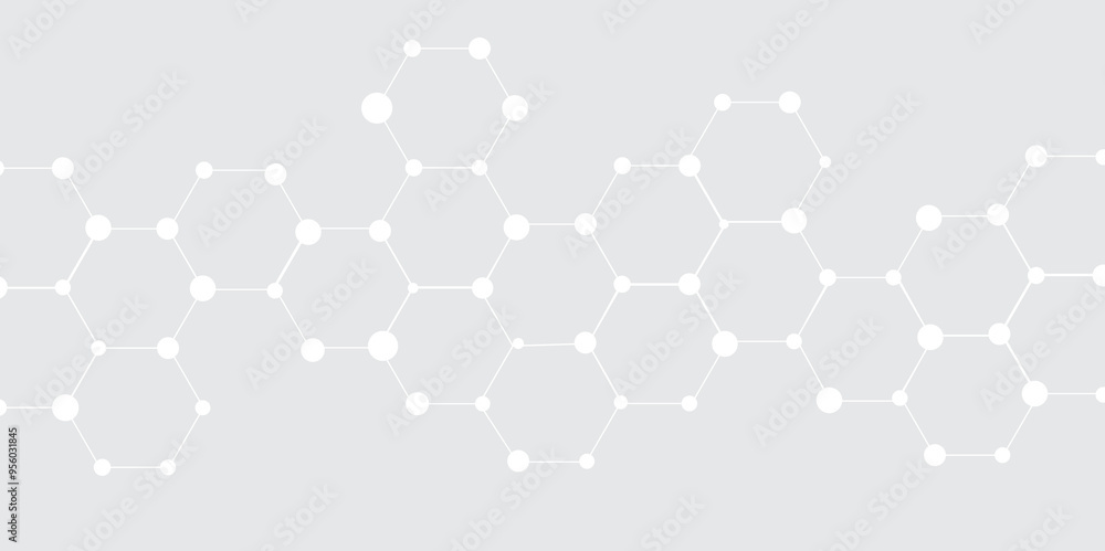 Poster Molecular structure abstract tech background. Geometric grey background. Vector banner design with hexagons. Science network pattern, connecting lines and dots Medical background, Vector illustration 