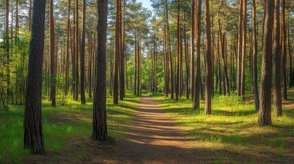 Fototapeta premium pine forest panorama in summer. Pathway in the park