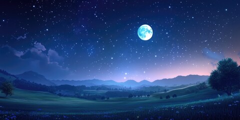 Beautiful landscape under a starry night sky with a full moon in a 3D cartoon rendering