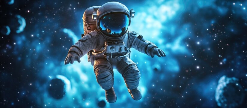 High resolution deep space image featuring a 3D cartoon astronaut perfect for science fiction fantasy themes wallpapers and prints