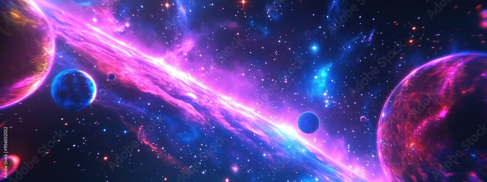 Poster high definition star field and colorful night sky with 3d cartoon rendering of nebulae and galaxies 