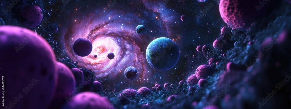Fototapete abstract forms and planets in a background design created with 3d cartoon rendering featuring a stun