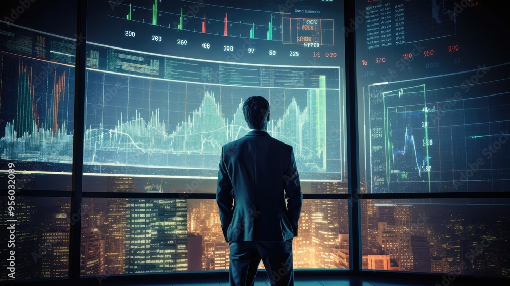 Poster a businessman standing in front of a large projector screen of data chart of stock market,generative