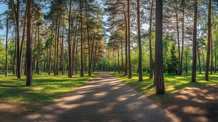 Obraz premium pine forest panorama in summer. Pathway in the park