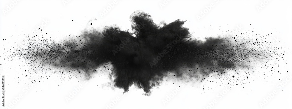 Leinwandbilder Black particles explosion isolated on white background in a 3D cartoon rendering Abstract dust overlay texture