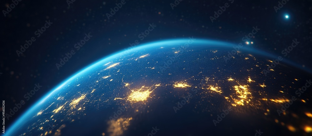 Poster Nighttime view of planet Earth in 3D cartoon rendering from space