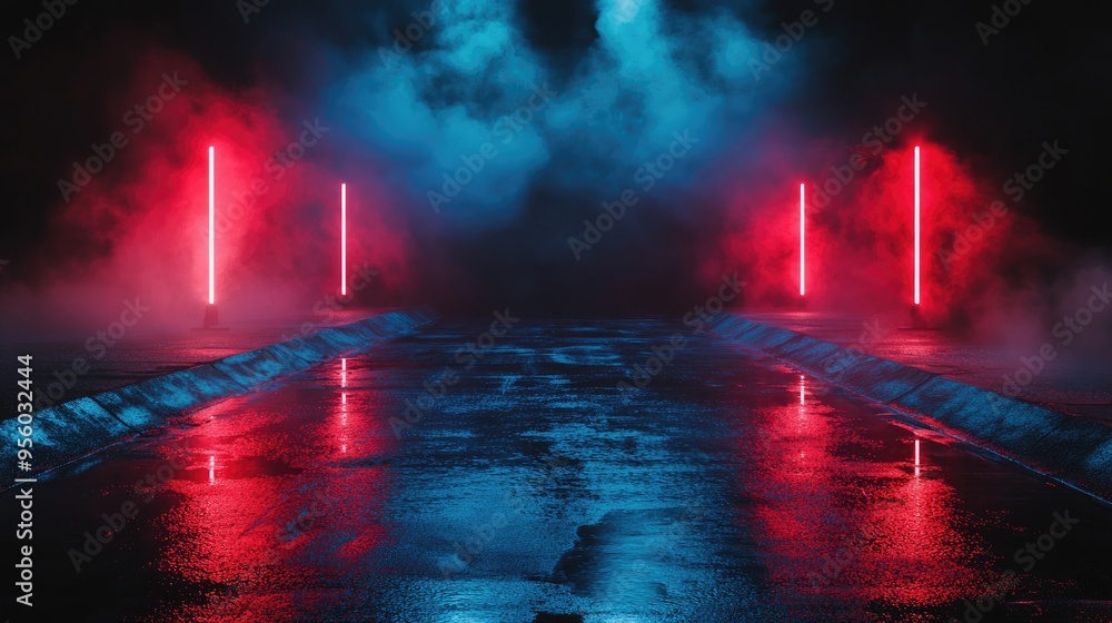 Poster empty backdrop featuring dark street reflections on wet asphalt neon light rays and shapes illuminat