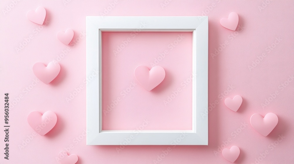 Poster empty square white frame adorned with hearts on a soft pink backdrop