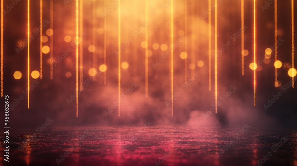 Poster empty backdrop with golden bokeh and blurred rays featuring neon light patterns and smoke an abstrac
