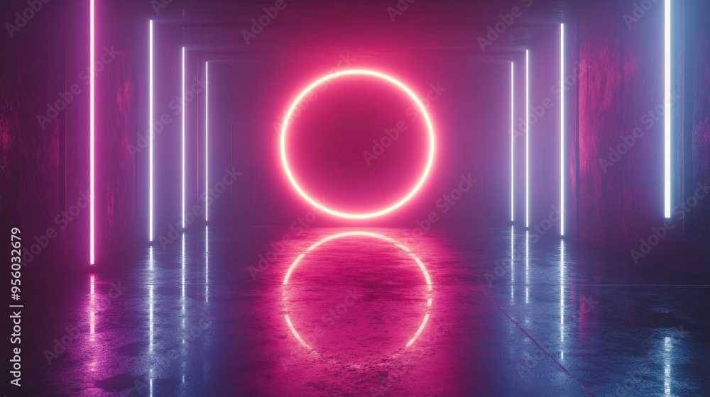 Poster vast dark futuristic hall featuring illuminating circular neon lights an abstract empty stage with a