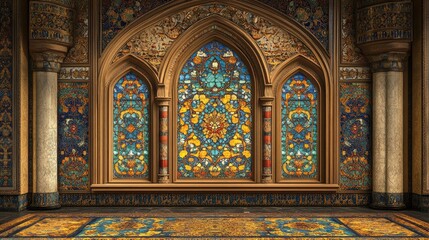 Mosaic material designs for floors and walls featuring stained glass windows in an Oriental style and Persian relief patterns for area rugs Creative decorative backdrop