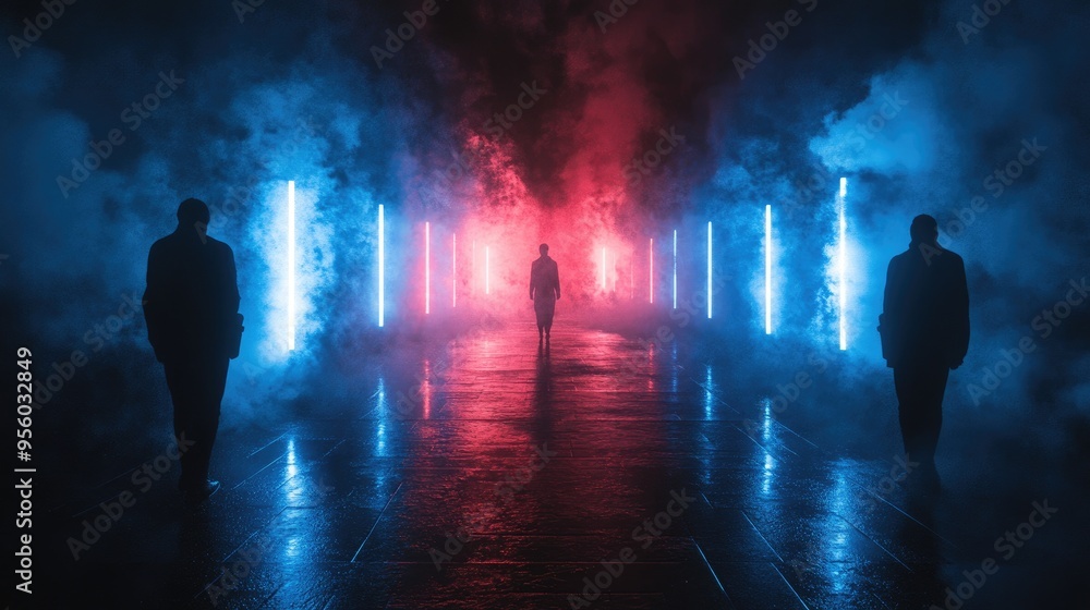 Poster empty backdrop with a dark reflection on wet asphalt featuring blue and red neon light rays mysterio