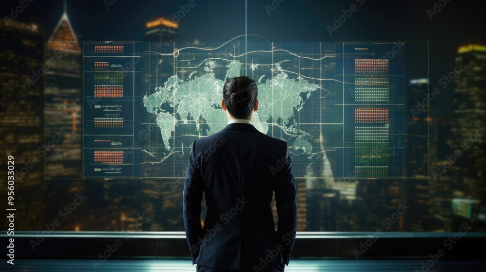 Poster a businessman standing in front of a large projector screen of data chart of stock market,generative