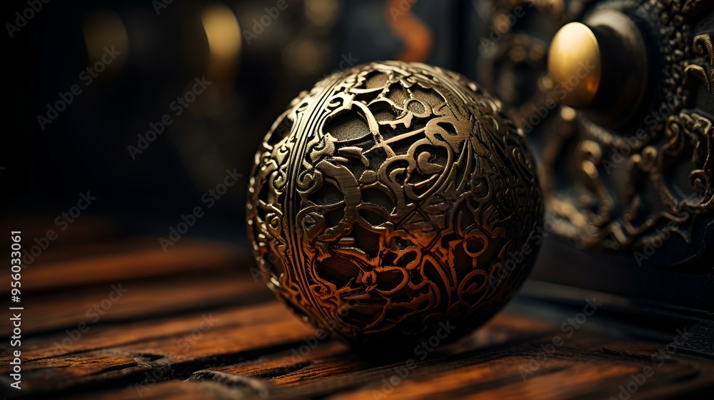 Poster a round metal object with a pattern on it.