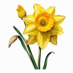 Obraz premium Vibrant yellow daffodil flower with lush green leaves, symbolizing spring and renewal in nature.
