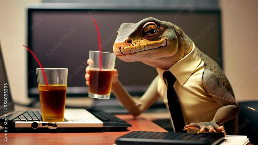 Poster lizard in a business suit works at a computer in a modern office generative ai