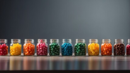 A row of glass jars filled with different colored candies on a counter.