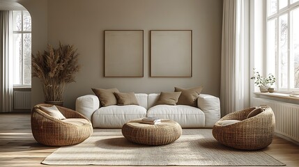 Scandinavian living room, abstract wall art with minimalist geometric patterns, muted color palette, light wood flooring, neutral tones, large windows providing soft natural light,