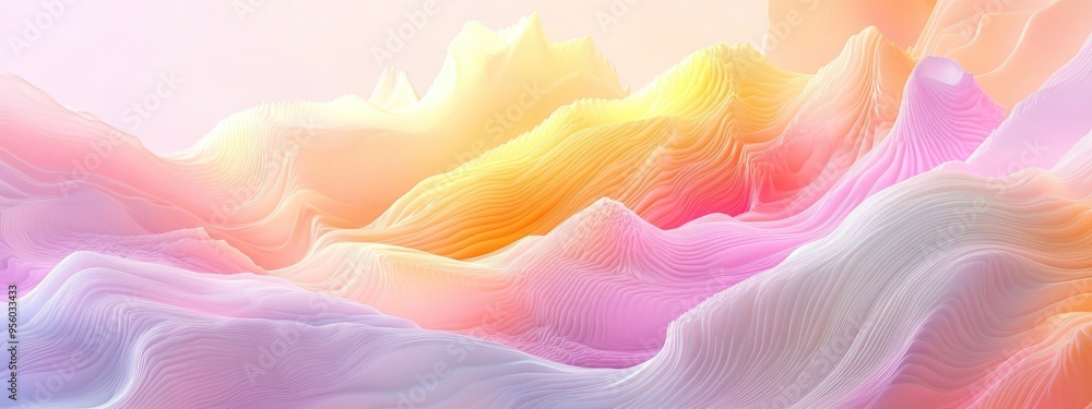 Poster 3D cartoon depiction of a white abstract background featuring a pastel rainbow texture in pink yellow orange violet and magenta designed with fractal patterns