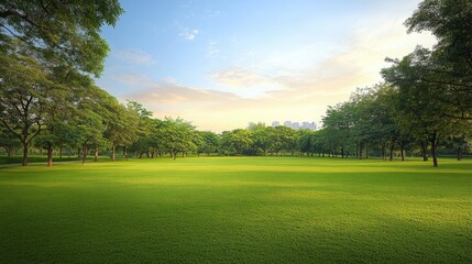 Obraz premium beautiful morning light in public park with green grass field an