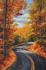 Obraz premium Oil painting depicting a winding asphalt road surrounded by vibrant autumn foliage in a serene landscape