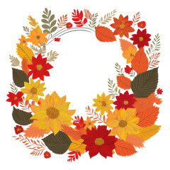 Obraz premium Wooden frame with autumn leaves and flowers, isolated on transparent background